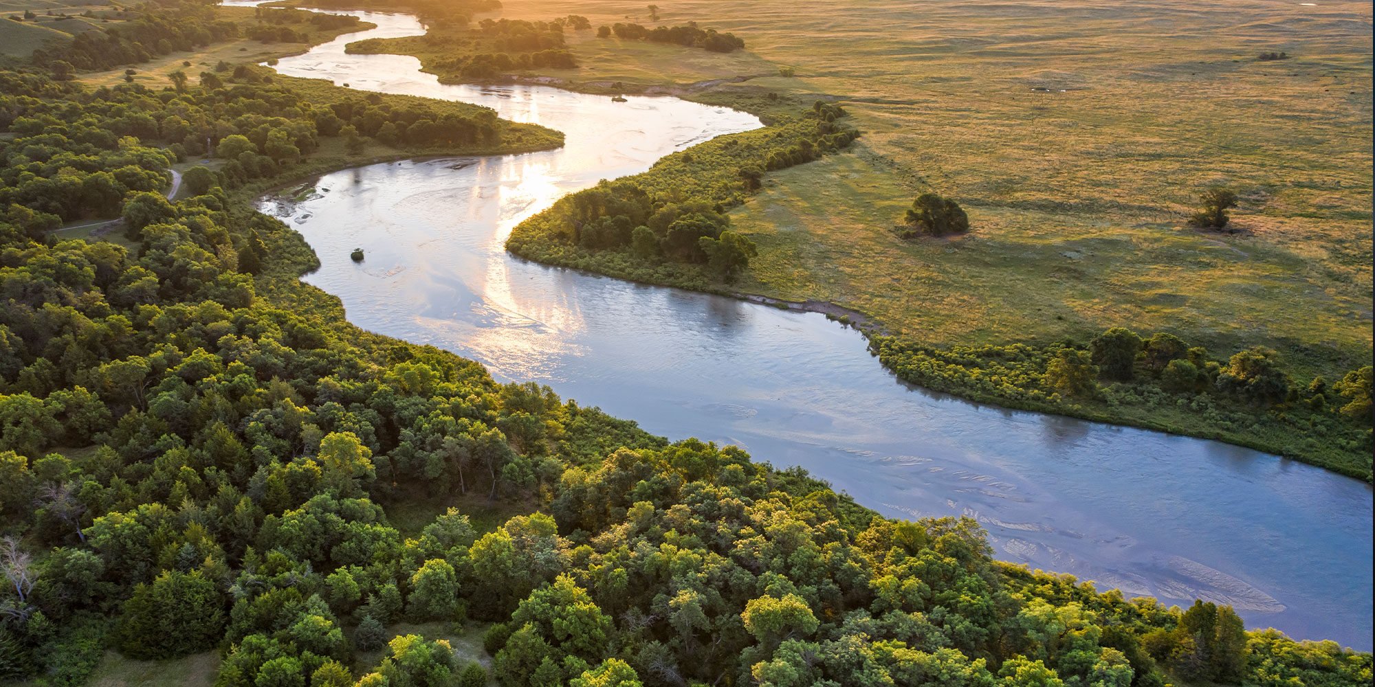 river in warm morning light from an aerial view