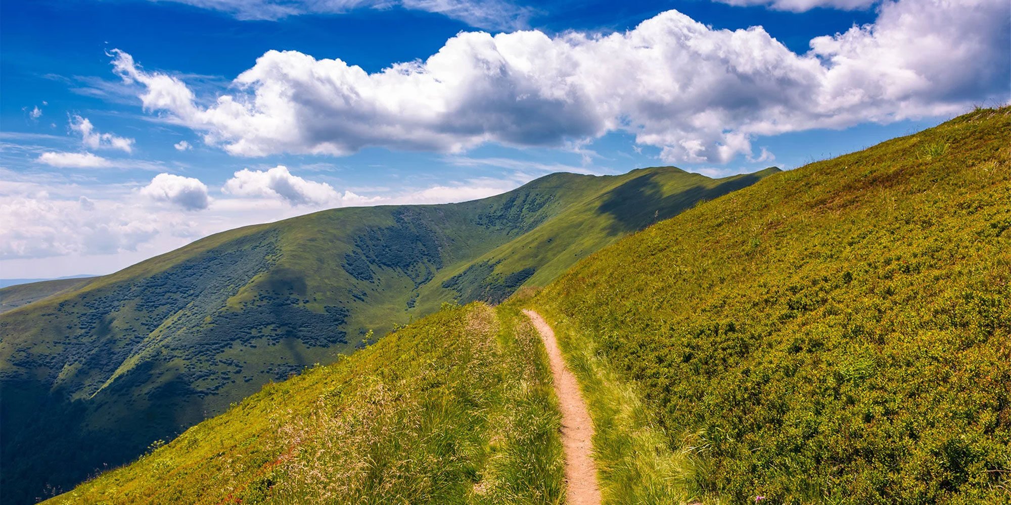 footpath through grassy mountain ridge. beautiful summer landscape under gorgeous sky with clouds