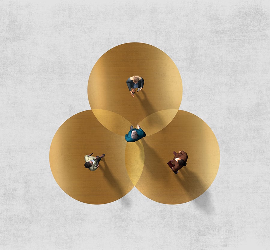 Gold Venn diagram containing 3 people with 1 person uniting the 3 circles at an overhead angle on a light grey textured background.